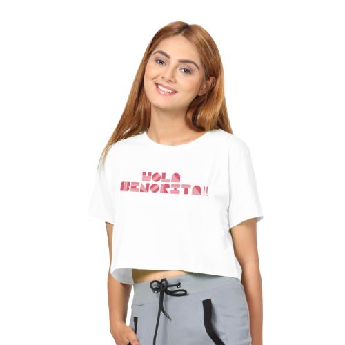 Aly&Val Printed Hola Senorita Crop Top For Women, White - Medium