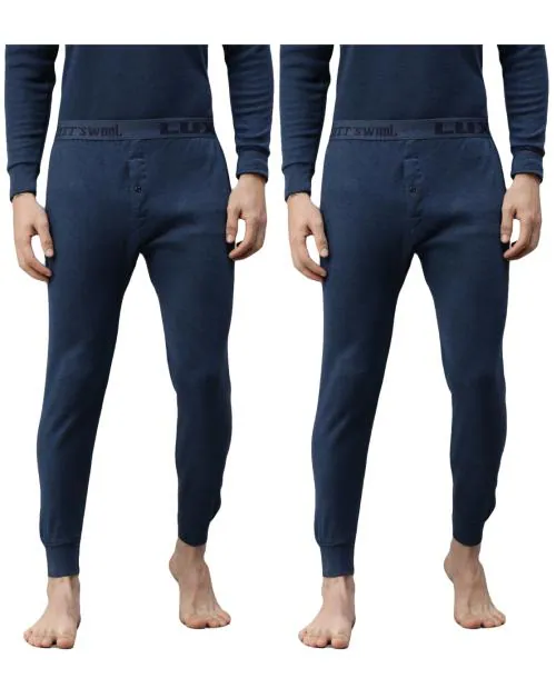 Lux Cottswool Men Blue Solid Cotton Blend Pack Of 2 Thermal Pants