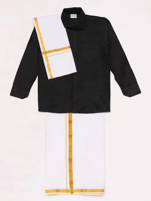 Vastramay Boys' Black and White Silk Blend Shirt Mundu and Dupatta