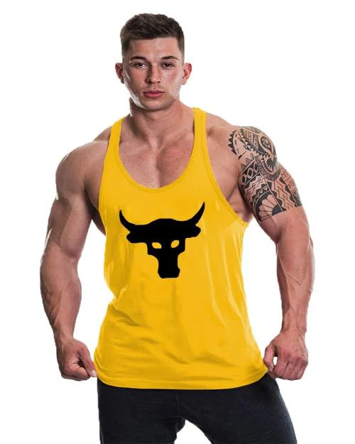THE BLAZZE Men's Yellow Cotton Tank Tops Muscle Gym Bodybuilding Vest Fitness Workout Train Stringers