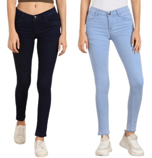 Gradely Women Stylish Full Length Length Silky Denim Jeans Pant Double Combo pack of 2 -Dark Blue and Ice Blue