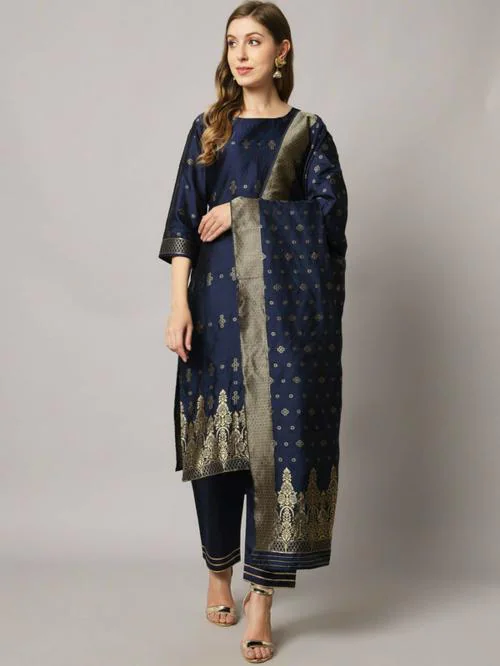 Sun Fashion And Lifestyle Women Dark Blue, Gold Woven Jacquard Kurta And Pant Set (L)
