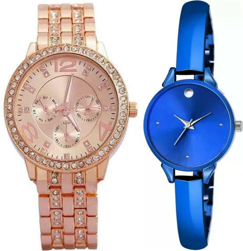 Blutech Analog Rose Gold, Blue Dial Rose Gold Strap Watch For Women (Pack Of 2)