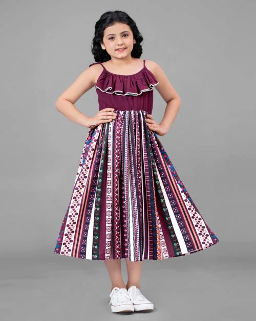 Fashion Dream Girls Wine Printed Crepe Pack Of 1 Frock | Dresses | Kids Wear | Girls Dress | Kids Dress | Frock | Frock Girls | Girls Frock | Dresses For Girls | Kids Girl Dress | Frock For Girls