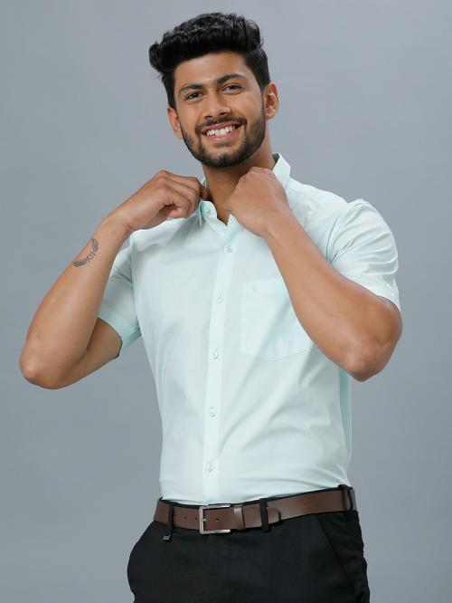RAMRAJ MEN COTTON-SPANTEX LIGHT BLUE HALF SLEEVE FLEXI ETHNIC SHIRT (38; Light Blue)