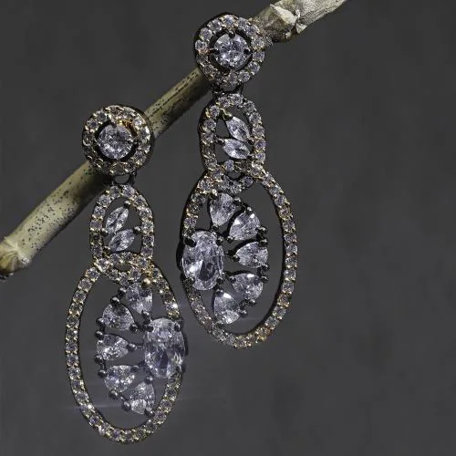 ZENEME Rose Gold-Plated Gunmetal Toned White American Diamond studded Oval & Quirky Shaped Drop Earrings