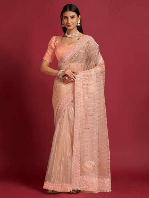 Jinal & Jinal Women Orange, White Embellished Silk Bollywood Saree (Jj Shehzadi Peach)