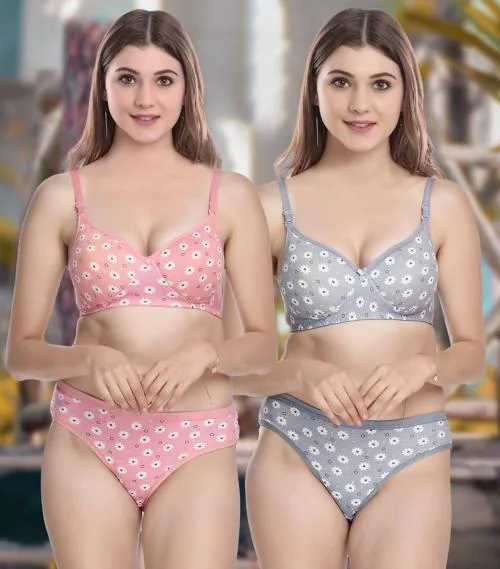 PIBU Trendy Style Pink,Grey Bra Panty Set For Women Lingerie Set Pack of 2