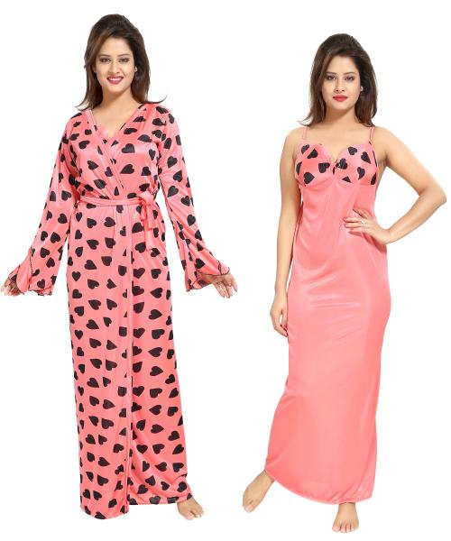 Shopping World Satin Orange Satin Nighty Set - Free Size