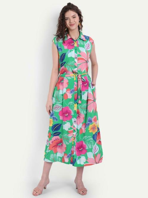 MINGLAY Women Green Floral Print Viscose Rayon A-line Dress