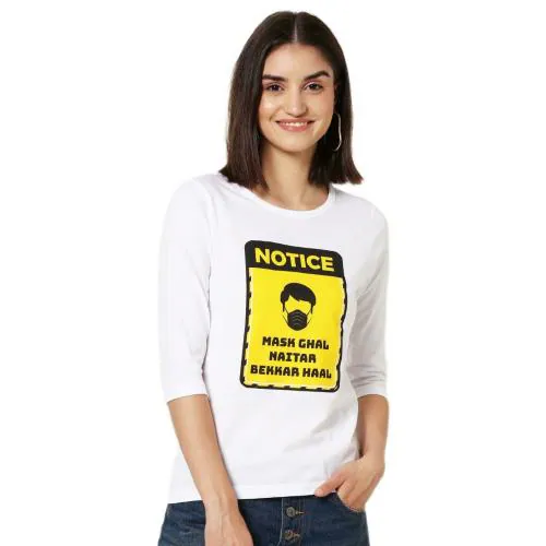 Bewakoof Women's White Graphic Round Neck 3/4th Sleeve T-shirt