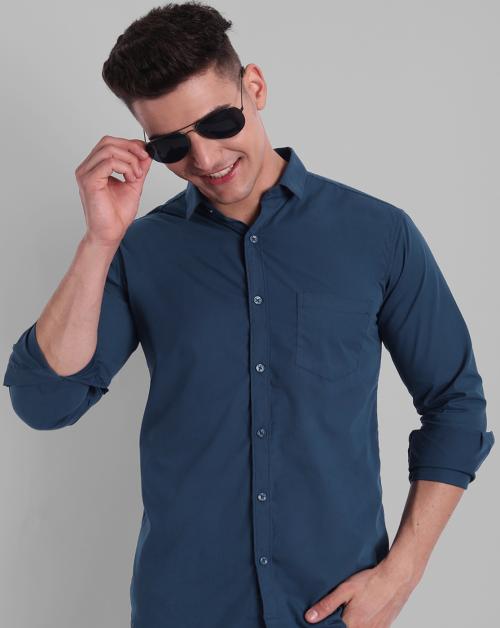 Majestic Man Men Dak Blue Pure Cotton Shirt