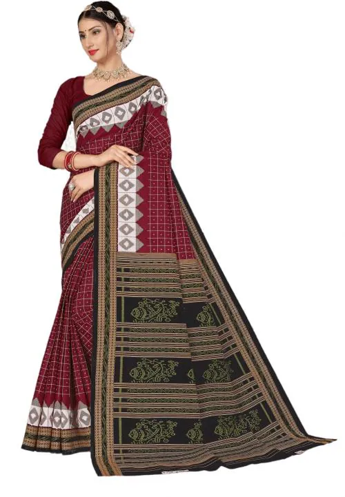 Ethnic Odisha Handloom Women Maroon Digital Print Pure Cotton Sambalpuri Saree