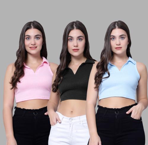 DIAZ Women's Polo Collar Sleevesless Crop Top Rib Knit Tank|Women's Solid Ribbed Crop Tank Tops|Sleeveless Tops for Women Pack of 3