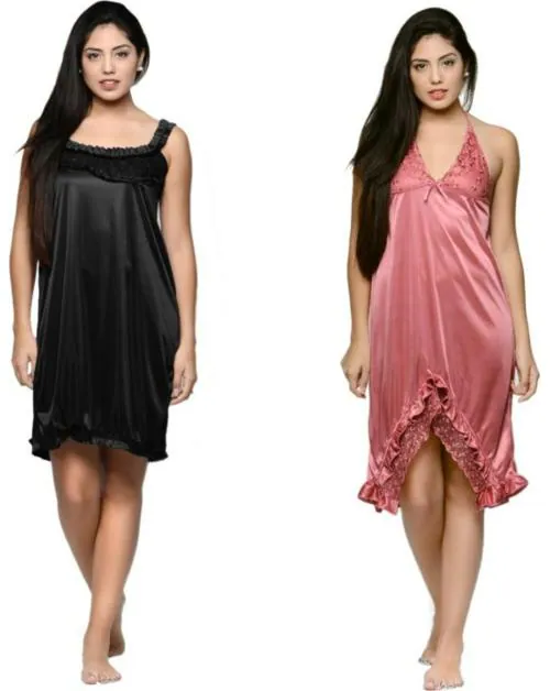 Klamotten Women Multicolor Self Design Satin Blend Babydoll Nighty - Pack of 2
