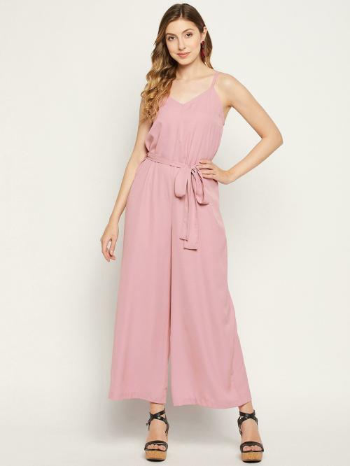 Serein Women's Jumpsuit (Light pink solid crepe straps shoulder jumpsuit with belt)