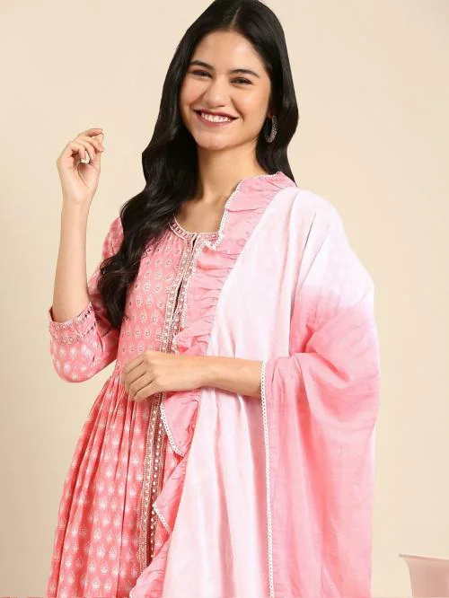 SHOW OFF Women's Pink Yoke Design Cotton Anarkali Kurta