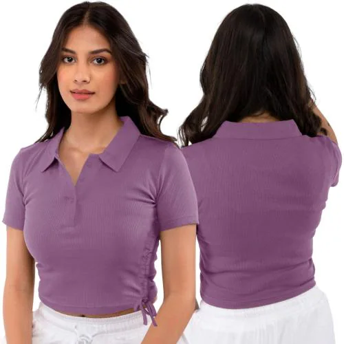 ATHLETIC CLASSIC Women Ribbed Polo Collar Knitted Crop Top (Purple, L)