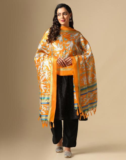 Siril Women's Multicolor & Yellow Color Butterfly Print Khadi silk Dupatta