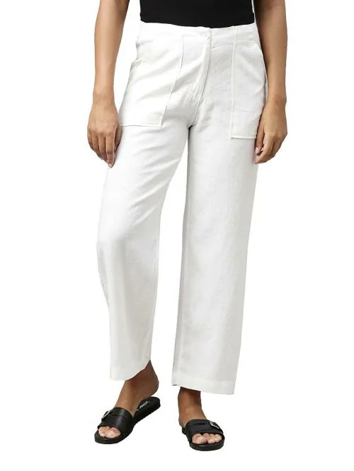 Go Colors Women White Linen Pants (S)