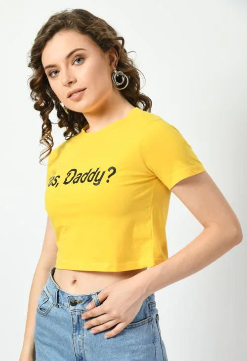 Legit Affair Print Yes Daddy -Yellow Half T-Shirt Crop Top for women and girls