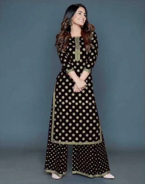 Kgn Women Black Printed Rayon Kurta And Palazzo Set - M