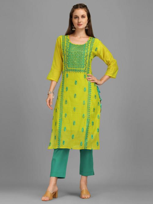 OXIT CLASS Women Lemon Embroidered Chanderi A-Line Kurta (L)