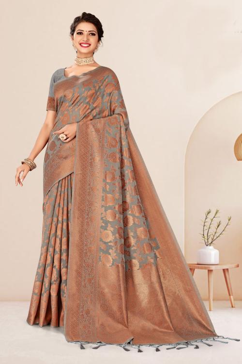 Kasak Women's Cotton Silk Saree With Copper Zari Work & Blouse Piece (copper-mishri-grey)