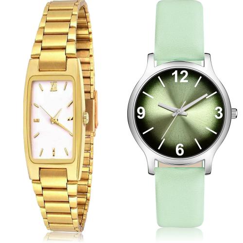 GROOT Modern Gift Golden Couple Chain And Girls Watch Gold And Green Colour Analog Metal And Genuine Leather Belt 2 Watch Combo For Women And Girls - GCPL36-GM351