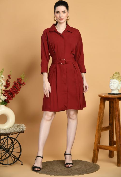 Elanmate Women Polyster Maroon Color Solid Shirt Coller Dress | Women Dress | Dresses for Women