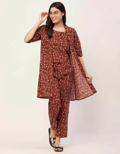 Moomaya Sleepwear, 3 Pcs Cotton Loungewear Set, Printed Top Pajama & Shrug Night Suit Set