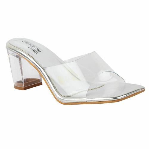 Shoetopia Silver-Toned & Transparent Block Sandals