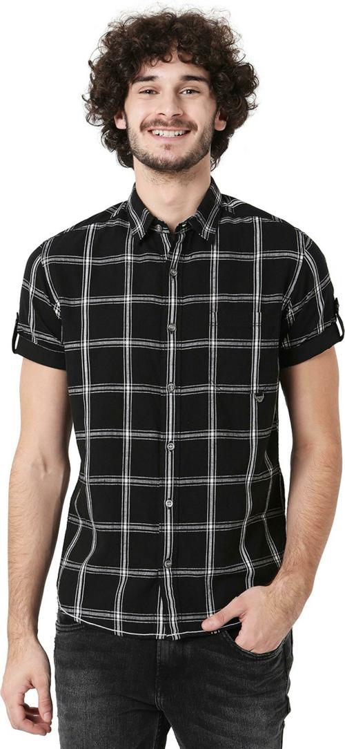 Mufti Black & White Windowpane Check Slim Fit Casual Shirt