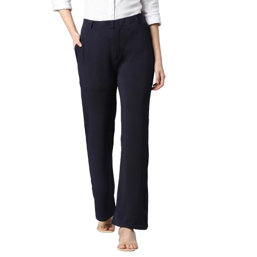 Smarty Pants women's cotton lycra bell bottom navy blue color formal trouser