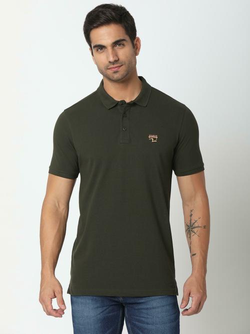 Spykar Rifle Green Cotton Half Sleeve Plain Casual T-Shirt For Men