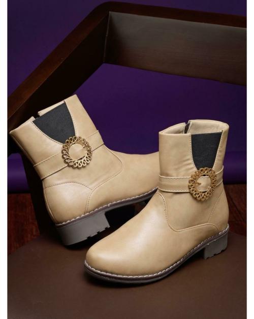 NatShuz Women's & Girls Boots | Faux Leather High-Ankle| Trendy Stylish & Comfortable Design Zipper Boots for Casual Outdoor and Holiday Outings Beige -6