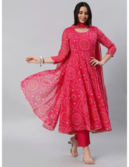 GoSriKi Women's Pink Anarkali Bandhani Printed Kurta with Trouser & Dupatta