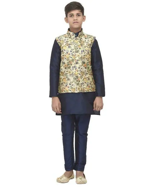 Benstoke Boys Navy Blue & Lime Green Floral Silk Kurta Pyjama Set