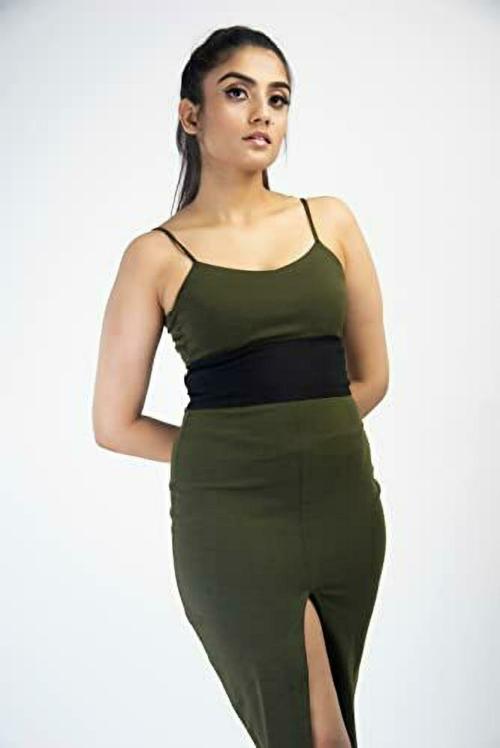 OMBRAGE Women Black, Green Solid Polyester Empire Waist Top (S)