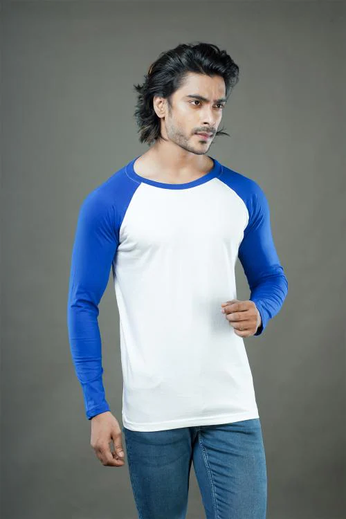 Tuedd Men's Full Sleeves Round Neck Regular Fit Premium Cotton Pattern Off White Royal Blue T-Shirt