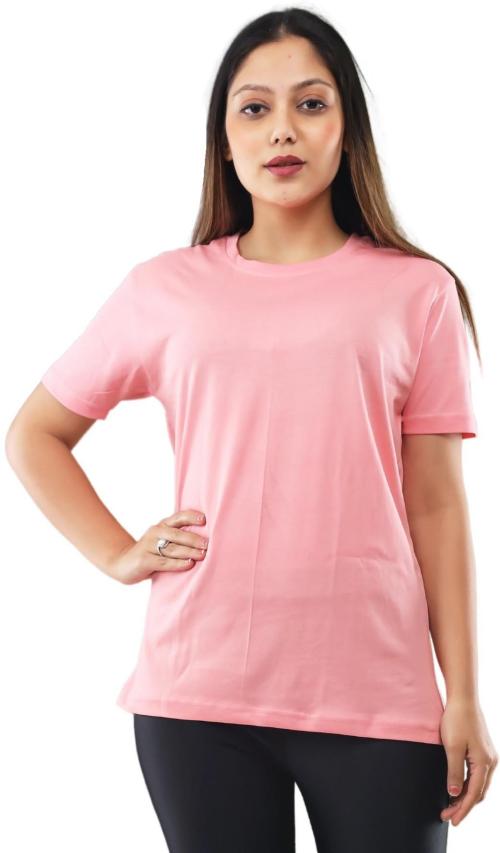 Lappen Fashion Women Pink Solid Pure Cotton Round Neck T-Shirt (S)