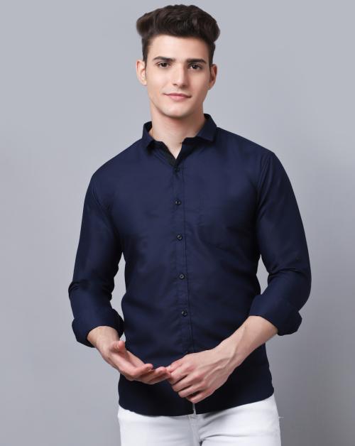 Majestic Man Men Navy Blue Cotton Blend Shirt