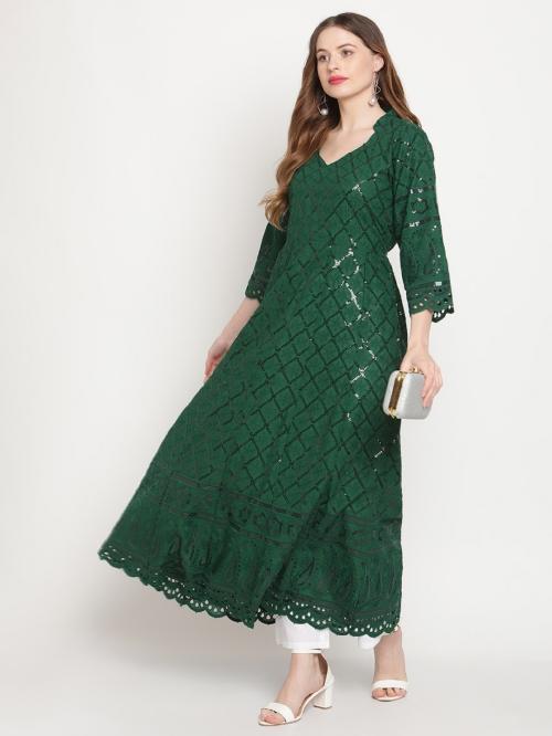Queenley Women's Dark Green Cotton Chikankari Ankle Length Anarkali Kurti