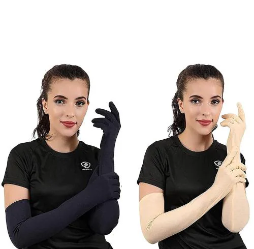 Cotson Men Women Cotton Summer UV Protection Gloves For Scooty, Cycling (Beige, Black) -2 Pairs