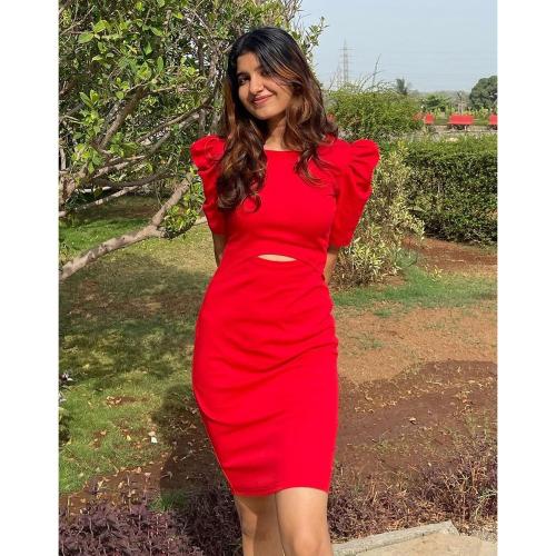 C.J FABRICS Women's Knitted Stretchable Bodycon Lycra Red Dress