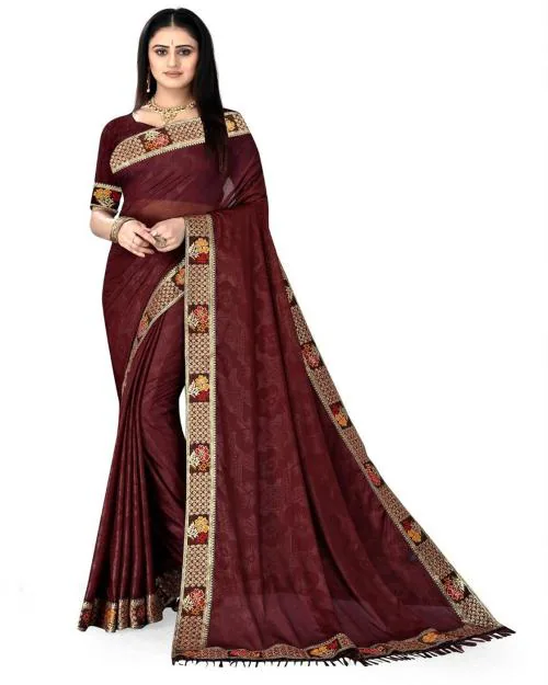 Prajval Women Maroon MALAI SILK 3D PRINT Saree WITH DUE DROP BORDER WITH JALAR AND DUPION  BLOUSE