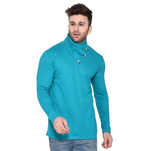 Geum Men Turquoise Solid Cotton Blend High Neck T-shirt (Pack of 1)