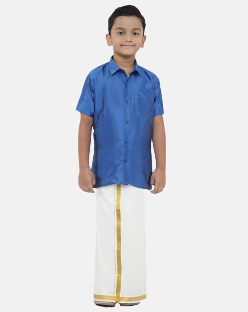 RAMRAJ COTTON Boys Blue Solid Shirt with White Dhoti