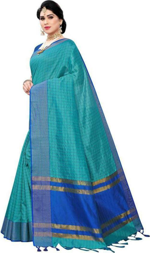 Lyuson Women Green Checkered Cotton Silk, Cotton Blend Mysore Saree
