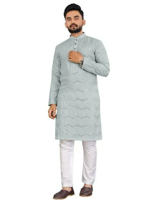 ROZLAND Men Mirror and Embroidery Work Cotton Straight Kurta with Pyjama, L